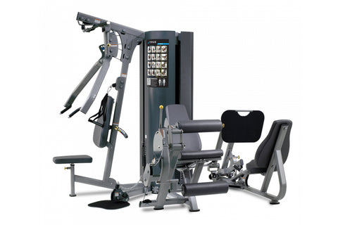 Multi-station exercise machine with gray metal frame, black padding, digital display panel, and various weighted resistance a