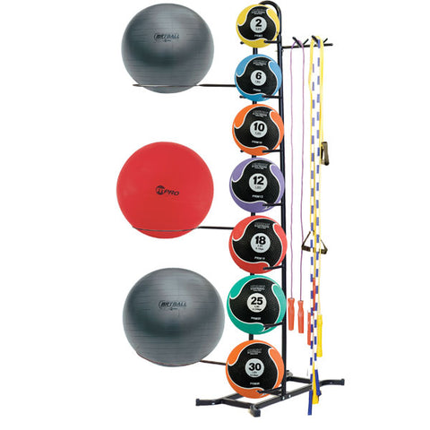 Warrior multi-purpose fitness storage rack with gray stability balls, red medicine ball, and stacked medicine balls ranging f