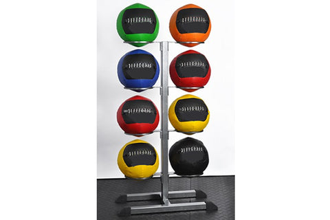 Warrior medicine ball rack with eight color-coded medicine balls in green, orange, blue, red, yellow, and black on metal stan