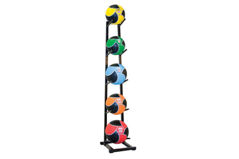 Warrior Medicine Ball Tree with five stacked medicine balls in yellow, green, blue, orange, and red on black vertical stand