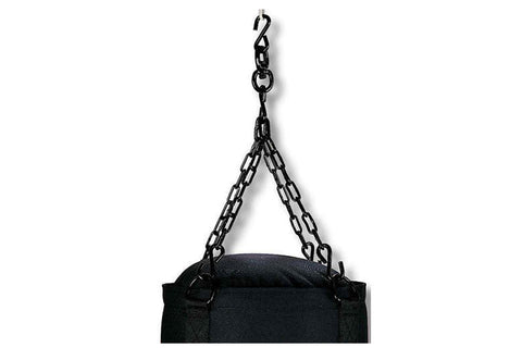 Black heavy-duty chain with carabiner clips attached to black canvas heavy bag, displayed on white background