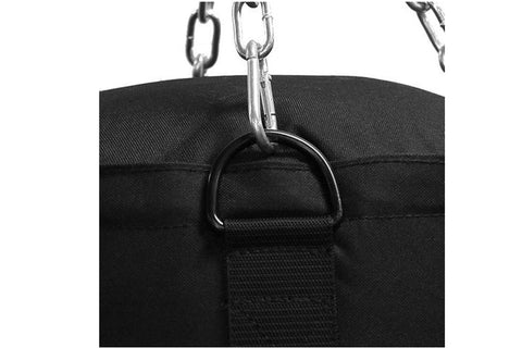 Black heavy-duty chain with carabiner clips attached to black canvas heavy bag, displayed on white background