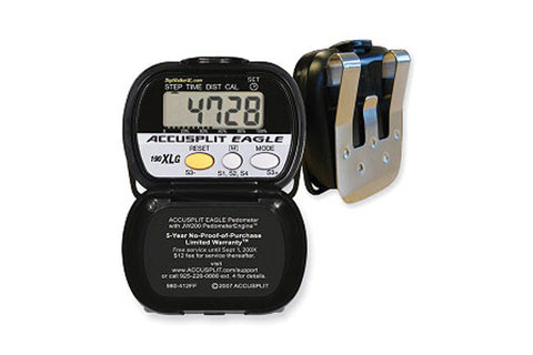 Accusplit Eagle black digital pedometer with LCD display showing 4728 steps, front and back views on white background