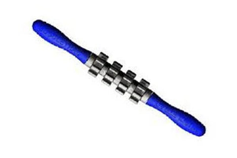 Blue and black muscle roller with textured handles and metal massage wheels in center, on white background
