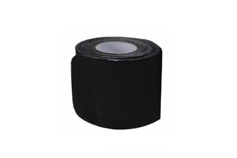Black athletic muscle tape roll with adhesive backing on white background