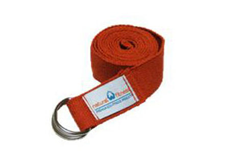 Red hemp yoga strap rolled up with metal D-ring loop and branded label on white background