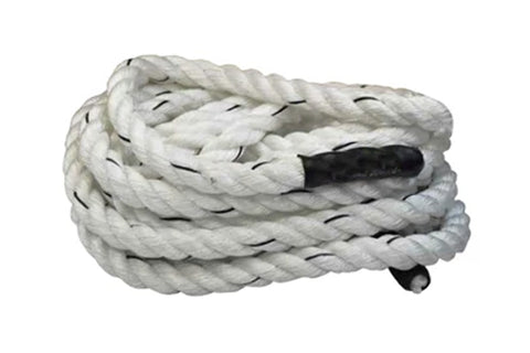 Warrior Nylon Training Rope, white twisted synthetic rope with black grip handles on ends