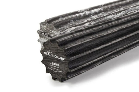 Black OPTP Star Roller foam roller with textured surface and ridged pattern, shown at angle on white background