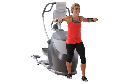 Octane Q35x home elliptical machine with gray and black body, dual handle bars, and foot pedals on white background