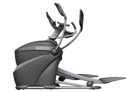 Octane Q37x home elliptical with gray and black frame, dual handles, and foot pedals on white background