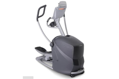 Gray and black home elliptical machine with dual handles and footrests on white background