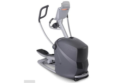 Gray and black Octane Q37x elliptical machine with dual handles and foot pedals on white background
