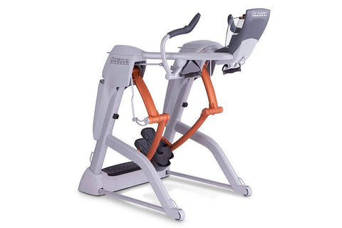 Gray and orange elliptical machine with curved frame, orange pedals, black foot platform, and gray upright handles on white b