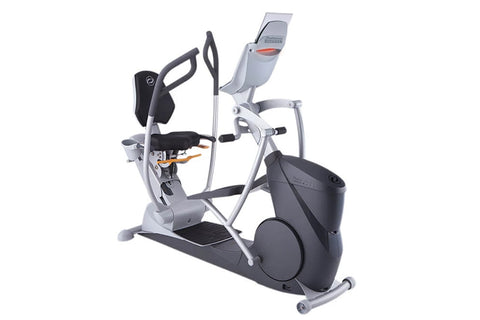 Octane xR6xi seated elliptical machine with gray and black frame, digital display console, and black seat on white background