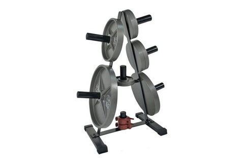 Warrior Olympic Plate Rack with gray weight plates and black handles on white background