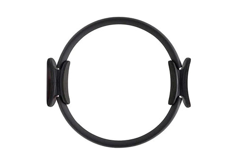 Black pilates ring with padded handles on white background