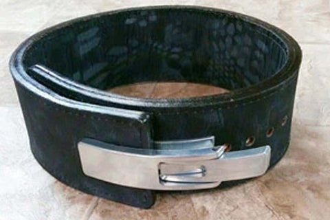 Black leather power lifting belt with silver metal buckle and lever closure on white background