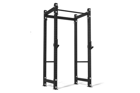 Warrior Power Rack 36" black metal weightlifting cage with adjustable safeties and pull-up bar on white background