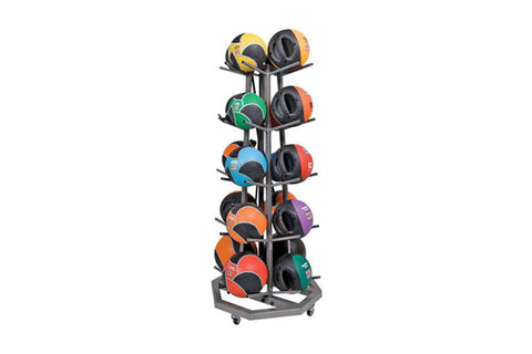 Warrior Premium Medicine Ball Tree with five colorful medicine balls in yellow, green, blue, orange, and red on black metal s