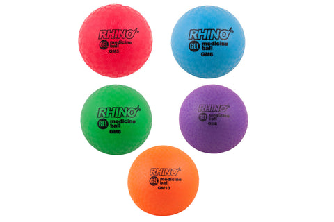 Rhino gel medicine balls in red, blue, green, purple, and orange arranged on white background