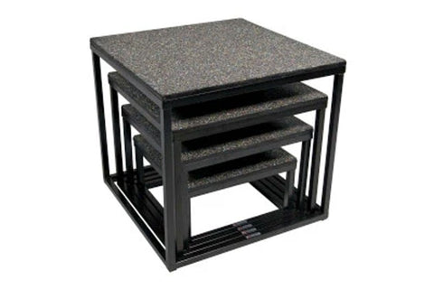Set of four nesting plyo boxes with charcoal textured tops and black metal frames, stacked together