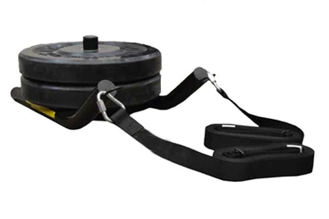 Black pull sled with tire weight plates, metal handle attachments, and adjustable black straps on white background
