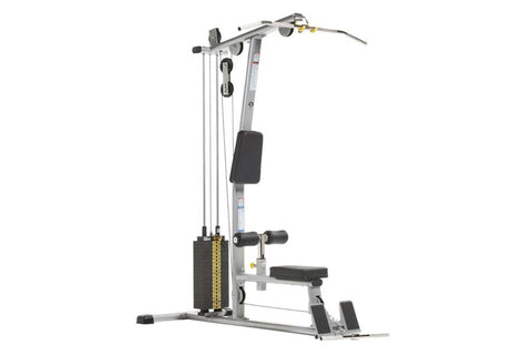 Body-Solid Pro Lat Machine with gray frame and black weight stack, shown with male model demonstrating lat pulldown exercise