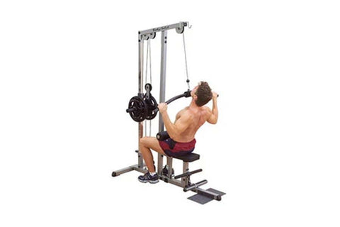 Body-Solid Pro Lat Machine with gray frame and black weight stack, shown with male model demonstrating lat pulldown exercise