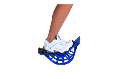White athletic sneaker worn on blue and black leg stretcher, shown on white background
