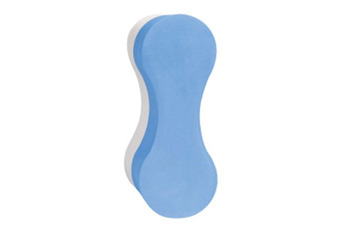 Blue pull buoy with white side panel, hourglass shape, swimming training aid on white background