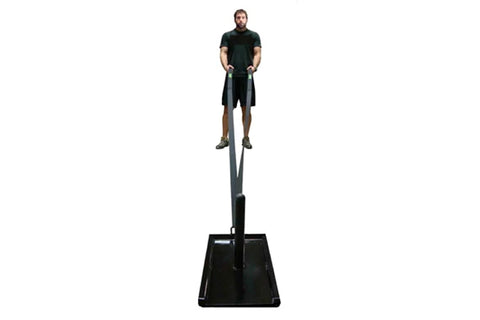 Man in black shirt and shorts standing on Warrior Resistance Pull Sled with black platform base and vertical rope handle