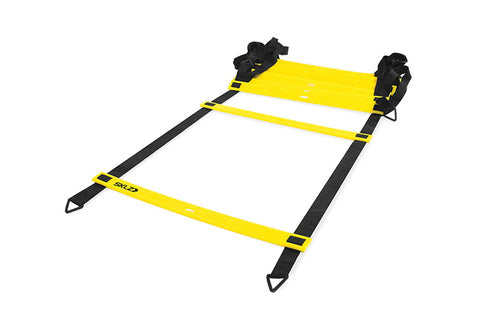 Yellow and black agility ladder with 4 rungs, black carrying handles at top corners, flat lay on white background