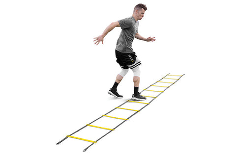 Yellow and black agility ladder with 4 rungs, black carrying handles at top corners, flat lay on white background