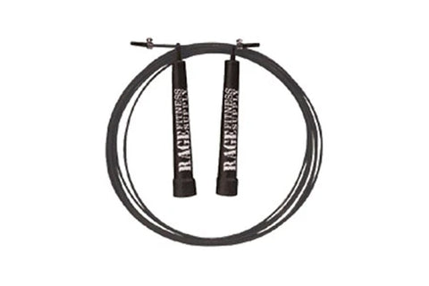 Black speed jump rope with dual cable design and black textured handles labeled Warrior, shown coiled on white background