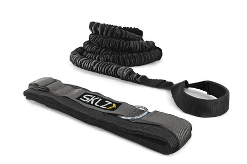 SKLZ Recoil 360° black resistance trainer with coiled bungee cord and wrist strap attachment on white background
