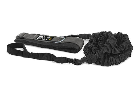 SKLZ Recoil 360° black resistance trainer with coiled bungee cord and wrist strap attachment on white background