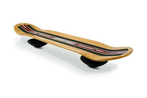 Wooden rocker board with curved design, black rubber rockers, and striped accent pattern on natural wood deck