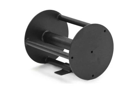 Black metal rope pull attachment with cylindrical design and round end plates, flat lay on white background