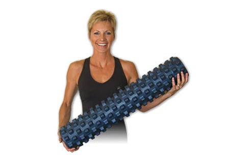 Black textured foam roller with pyramid-shaped knobs throughout, cylindrical shape on white background