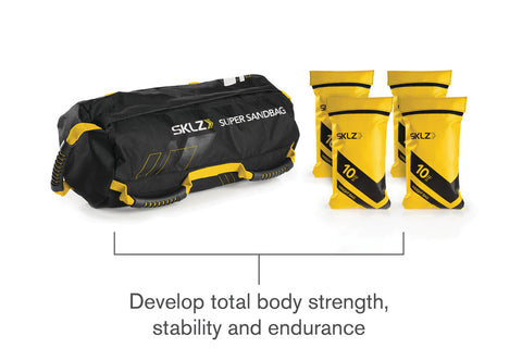 SKLZ Super Sandbag in black nylon with yellow accents, featuring dual handles and reinforced stitching on white background