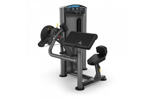 Black and gray commercial biceps and triceps exercise machine with padded armrest, instruction display, and footrest on white
