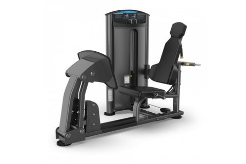 Black commercial leg and calf press machine with padded seat and footplate on white background