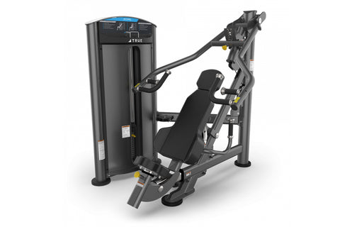 TRUE SD-1005 multi-press, dark gray and black commercial gym equipment with blue accent, featuring padded black seat and dual