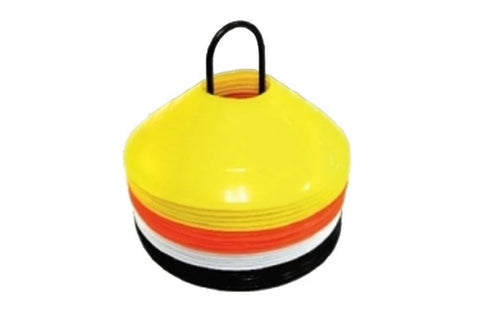 Stack of agility training cones in yellow, red, white, and black with black carrying handle on white background