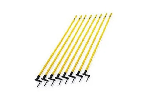 Set of 9 yellow agility poles with black foot bases arranged in diagonal line on white background