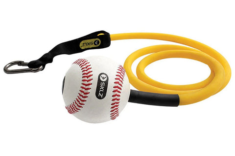 White baseball with red stitching attached to yellow rope toy with black handle and metal carabiner clip