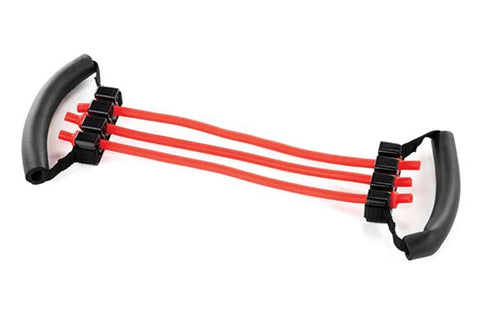 Sklz Chest Expander with red resistance bands and black foam handles on white background
