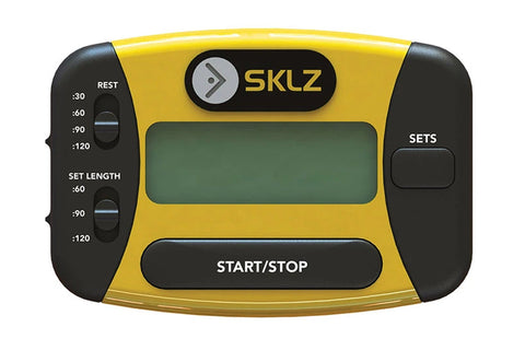 SKLZ DRLZ Timer in yellow and black with digital display, rest and set length dials, start/stop button, and sets button