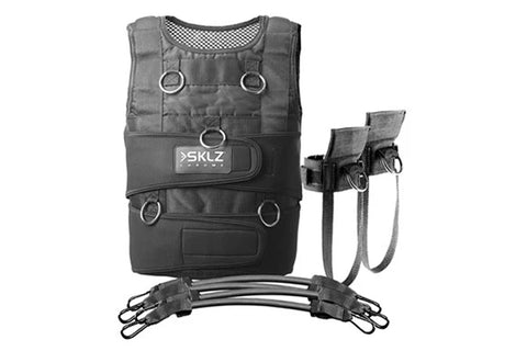 SKLZ Hopz Pro weighted training vest in black with gray mesh back, metal D-rings, and resistance bands attached, displayed fl