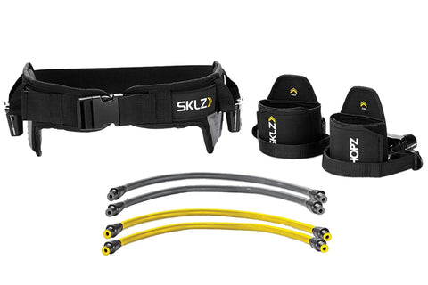 SKLZ Hopz training kit with black waist belt, two black ankle cuffs with yellow accents, gray and yellow resistance bands in 